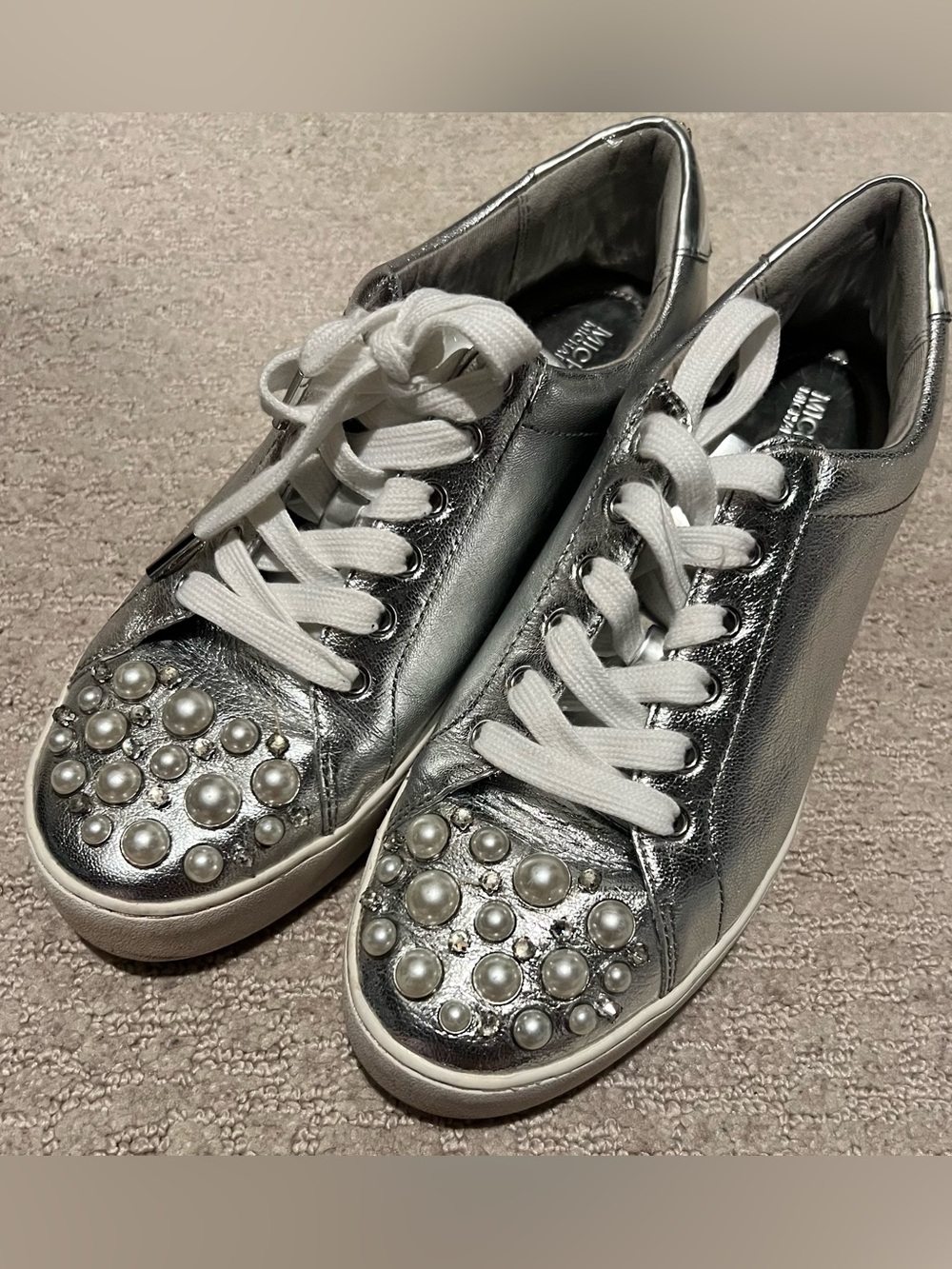 Michael Kors Silver Pearl-Embellished Lace-Up Sneakers